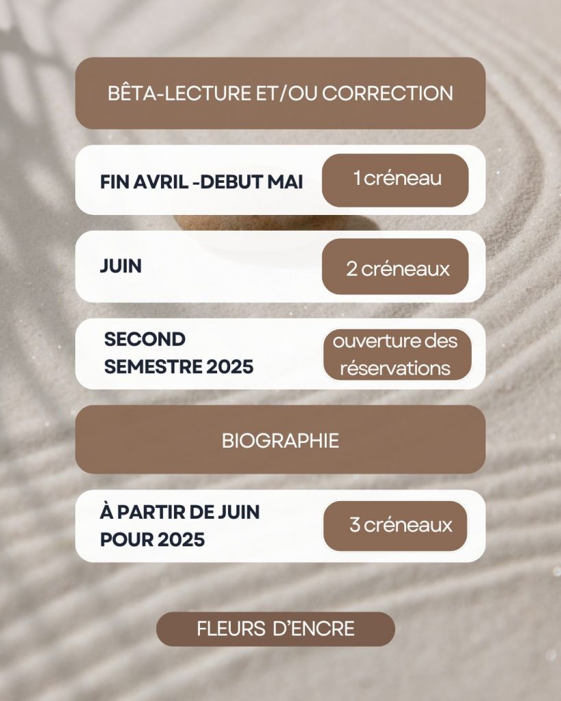 Bêta-lecture, correction professionnelle ou entretiens biographiques : réservez vos créneaux avec Fleurs d'encre.